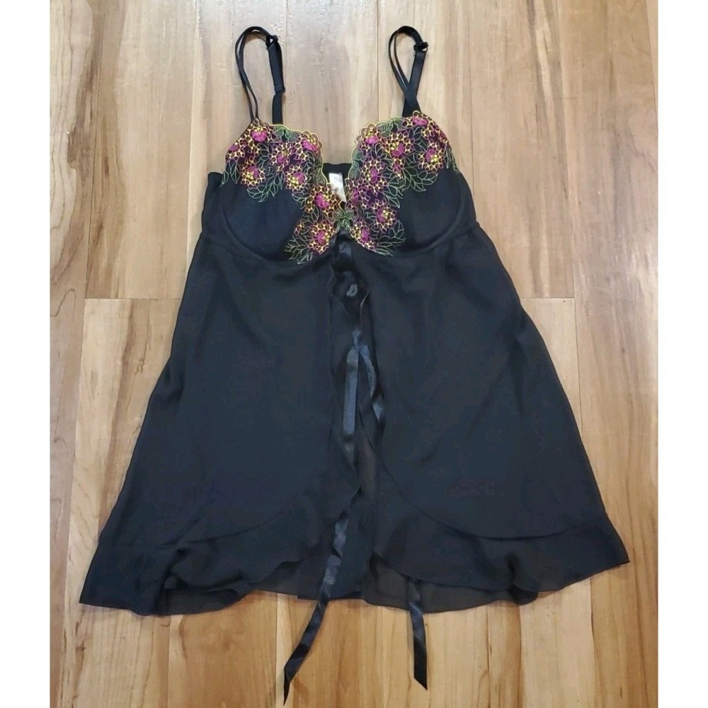 Cacique 18/20 Babydoll Chemise Lingerie Nightie Bra Black Embroidered Open Front